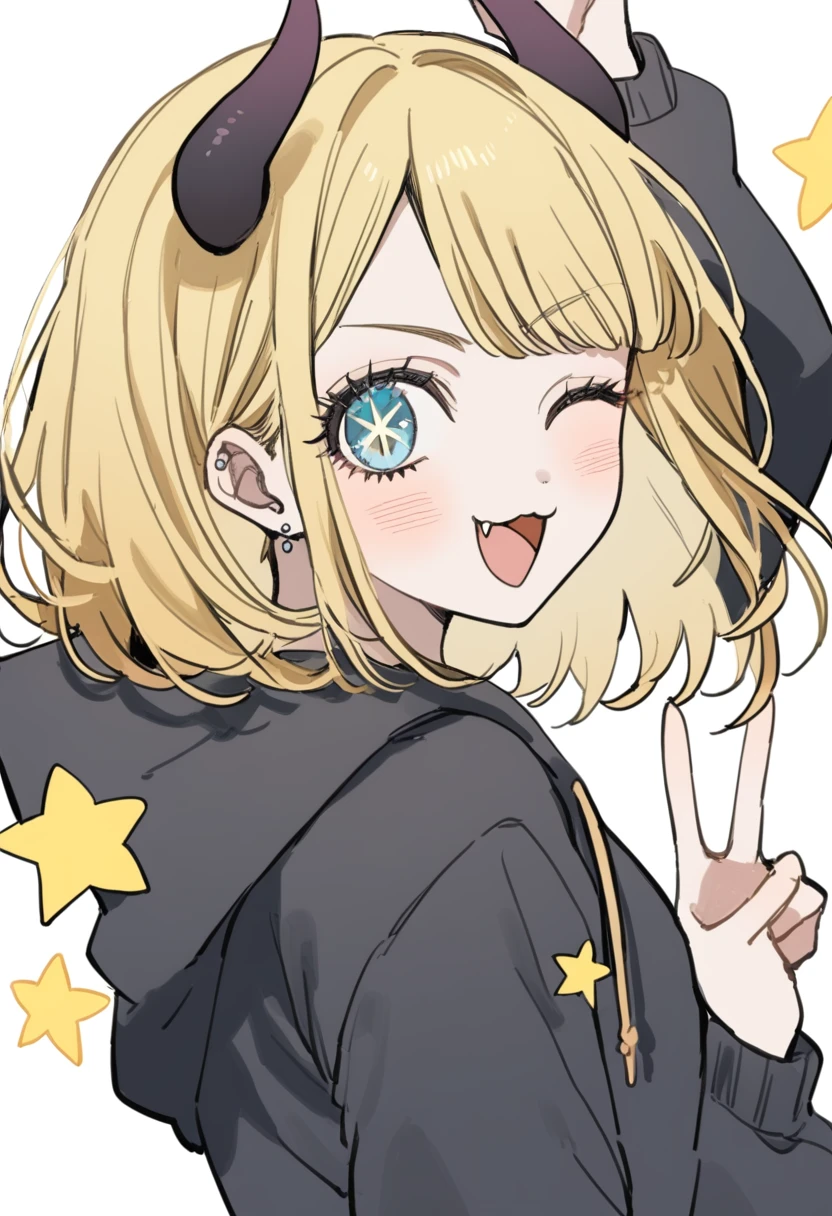 1girl, style:inu totemo, mem-cho, oshi no ko, :3, arched bangs, horn, black_horns, black hair, black hoodie, blonde hair, blue eyes, blush, double v, fang, from side, hood, hoodie, long sleeves, looking at viewer, memcho, multicolored hair, one eye closed, open mouth, roots, short hair, solo, star (symbol), two-tone hair, v, masterpiece, best quality,  <lora:Style - inu totemo - v1 - Bionagato:1>