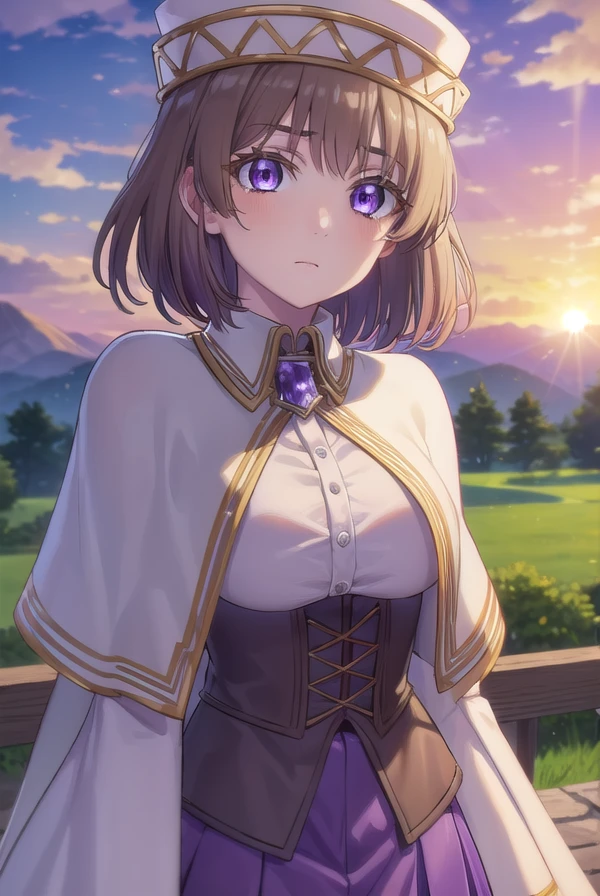 aliciaedelsia, <lora:alicia edelsia s1-lora-nochekaiser:1>,
alicia edelsia, short hair, brown hair, (purple eyes:1.1),
BREAK skirt, long sleeves, hat, capelet, detached sleeves, corset,
BREAK outdoors, nature, forest, sky, sun, clouds,
BREAK looking at viewer, (cowboy shot:1.5),
BREAK <lyco:GoodHands-beta2:1>, (masterpiece:1.2), best quality, high resolution, unity 8k wallpaper, (illustration:0.8), (beautiful detailed eyes:1.6), extremely detailed face, perfect lighting, extremely detailed CG, (perfect hands, perfect anatomy),