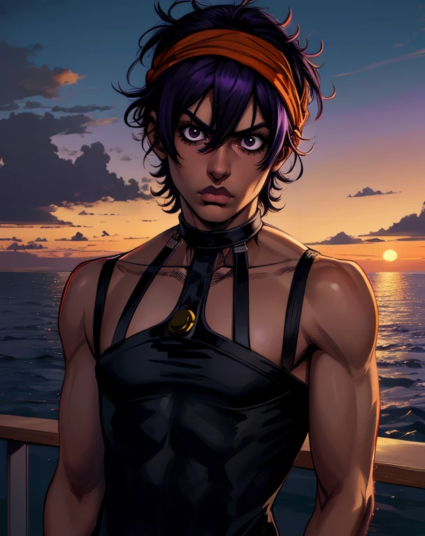 Narancia,short hair,black eyes,purple hair,serious,
choker,headband,dark slim tank top,
dark skin,hard lines,
standing,upper body,
cruise ship,morning,
(masterpiece:1.2),(best quality:1.2),<lora:NaranciaJJEoH:0.8>,