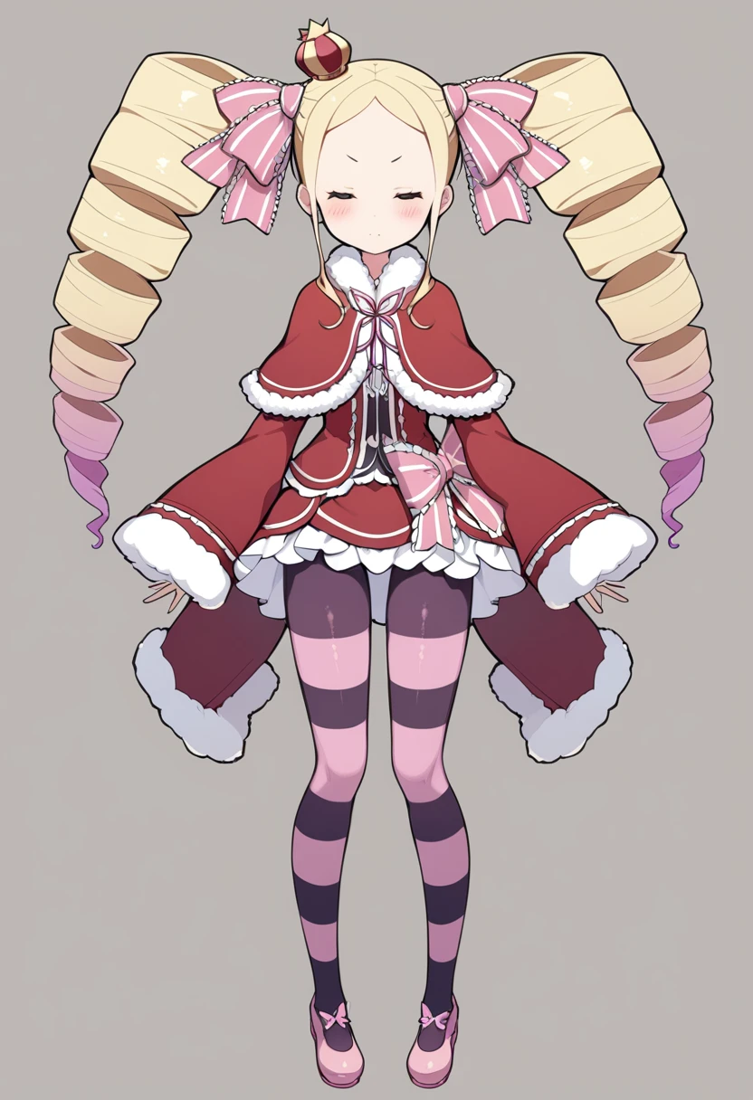 1girl, beatrice \(re:zero\), blonde hair, bow, capelet, closed eyes, closed mouth, crown, drill hair, facing viewer, full body, fur-trimmed capelet, fur trim, grey background, hair bow, jacket, long sleeves, mini crown, neck ribbon, pantyhose, parted bangs, pink bow, pink footwear, prmsub, purple pantyhose, red jacket, ribbon, shoes, simple background, solo, standing, striped pantyhose, twin drills, twintails, masterpiece, best quality, <lora:Char - Beatrice (rezero) - v0.8 - Bionagato:1>