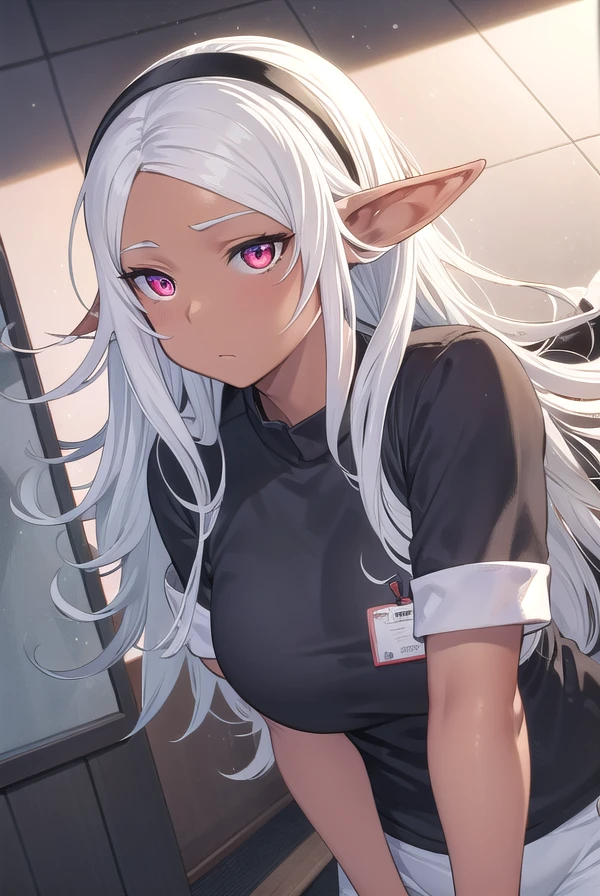 A woman named Lucy has the characteristic of a tail like a devil's tail in general. Has a fairly large dark red horn on his forehead. The hair color has become completely white, and also the ears have changed to become slightly pointed like elves in comic stories. Her body posture also looks 1.5 times bigger than her initial body and Lucy is wearing clothes in the form of a small white shirt which can only cover that part, a long black jacket which is worn as an additional cover and doesn't cover the front, basically the jacket is open, wearing clothes in the form of small dark blue leather jeans and wearing long black socks and black trousers. The eye color has changed to dark red and the eye warts are white. They are shaped like cat eyes, and he is still wearing a unique hat.