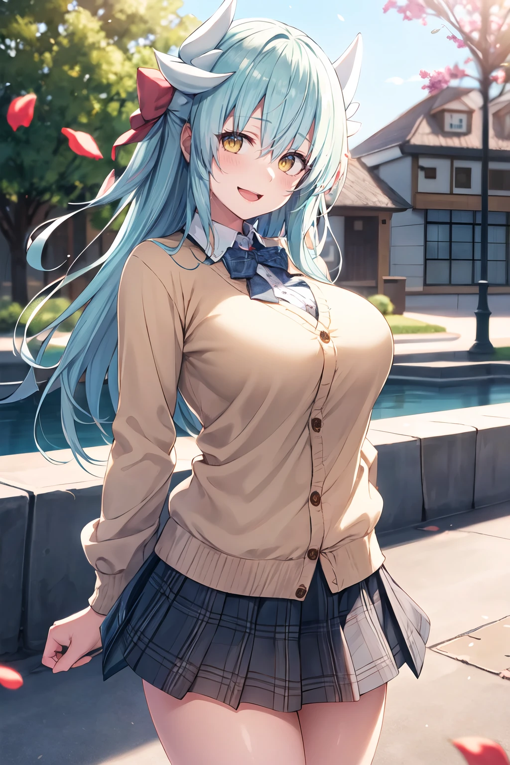 masterpiece, best quality, highres, aakiyo, long hair, aqua hair, white horns, hair bow, yellow bow, yellow eyes, <lora:kiyohime_(lancer)_v1:0.7>, cardigan, plaid skirt, arms behind back, smile, open mouth, petals, outdoors, big breasts <lora:Kino-Konomi-Style_1144880:1>