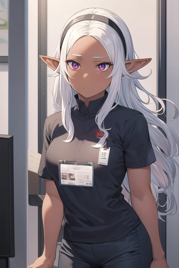 kuroeda, <lora:kuroeda manga-lora-nochekaiser:1>,
kuroeda, long hair, hairband, dark skin, dark-skinned female, white hair, (red eyes:1.3), (forehead:1.2), elf, pointy ears,
BREAK short sleeves, hairband, pants, uniform, name tag, employee uniform,
BREAK indoors, convenience store,
BREAK looking at viewer, (cowboy shot:1.5),
BREAK <lyco:GoodHands-beta2:1>, (masterpiece:1.2), best quality, high resolution, unity 8k wallpaper, (illustration:0.8), (beautiful detailed eyes:1.6), extremely detailed face, perfect lighting, extremely detailed CG, (perfect hands, perfect anatomy),