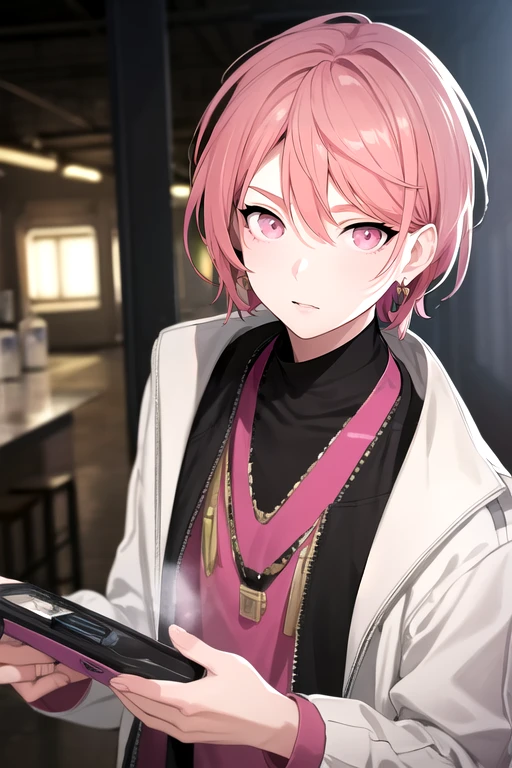 photorealistic, (4k), depth of field, (Masterpiece), (realistic skin texture), extremely detailed, intricate, hyper detailed, high resolution, professional photography, , depth of field, sharp detail, best quality, looking at viewer, 1boy, solo, male focus, <lora:reo_maruyama:0.74>, reo_maruyama, pink hair, pink eyes, , science fiction steam punk,