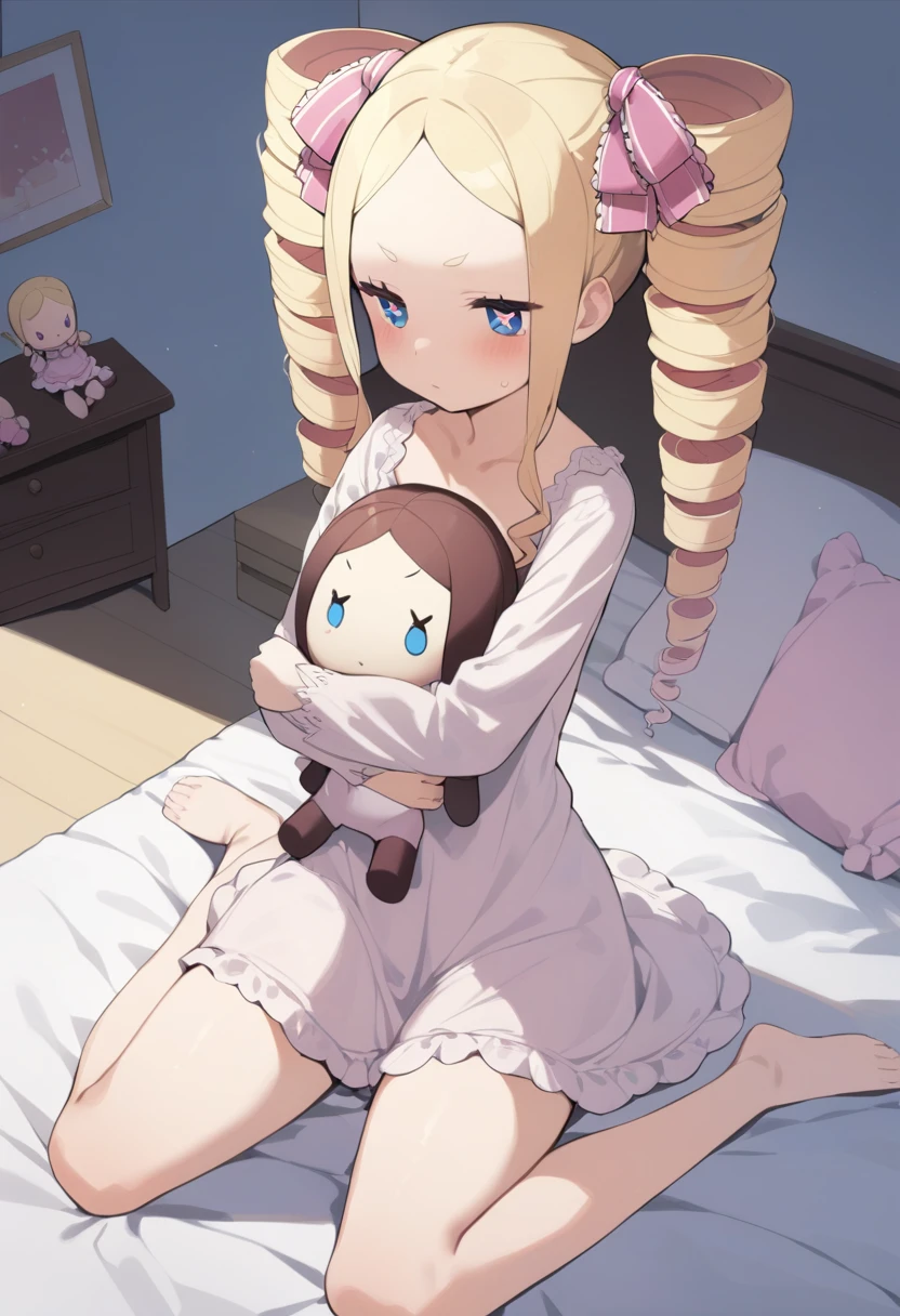 1girl, beatrice \(re:zero\), bed, bed sheet, blonde hair, blue eyes, doll, drill hair, full body, hugging doll, hugging object, long hair, nightgown, on bed, sidelocks, sitting, sleepy, solo, symbol-shaped pupils, twin drills, wariza, masterpiece, best quality, <lora:Char - Beatrice (rezero) - v0.8 - Bionagato:1>