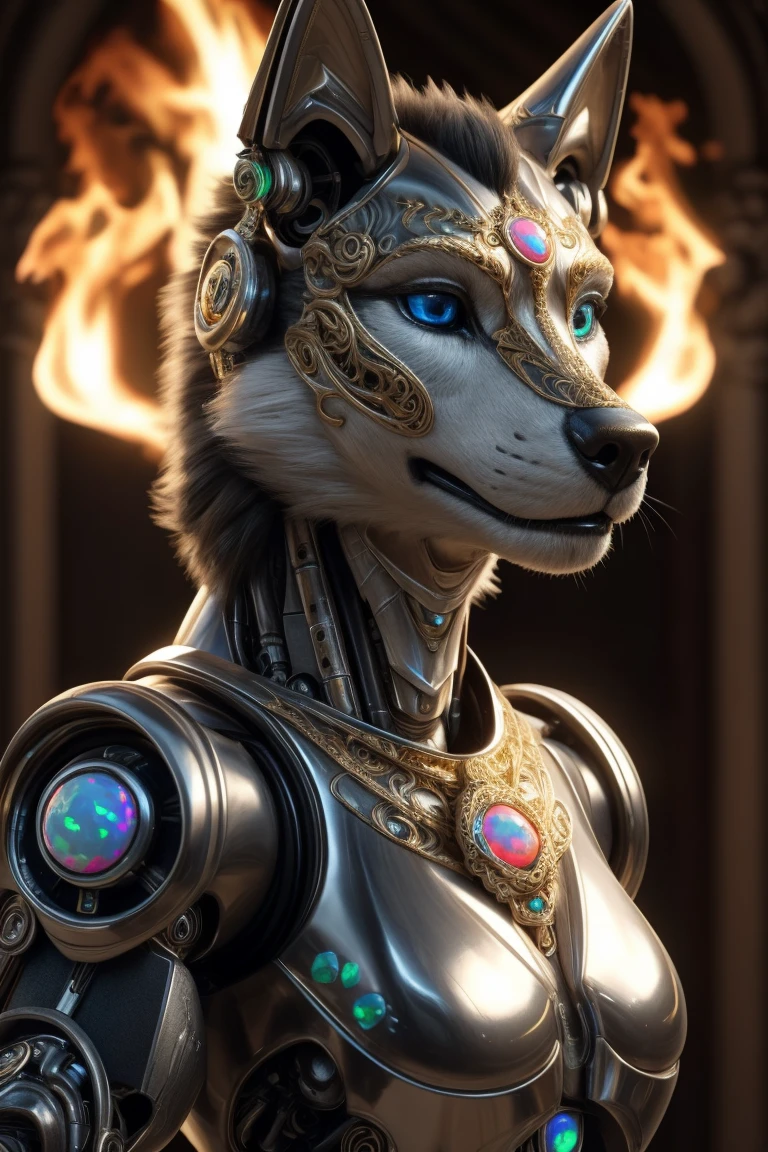 ((cyborg)), robot, ((rococo)), (detailed filigree decorations), (ornaments), photorealistic, clean, volumetric lighting, (ultra detailed), a ((polished fire opal skin)) anthro husky with (blue-opal eyes), (super detailed skin), ((ultra hd)), 16k, real life, ((maximum facial detail)), (colorful) bijoux, Robotic, robotic girl, robotic joints, filigree tattoo