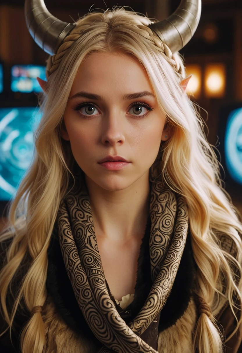 grand masterwork, Golden ratio, Fairy-Tale flyweight Lovecraftian (Girl:1.1) , she is in a Viking setting, Acting in a TV show, Blonde hairstyle, [Folded:Sci-fi:20] Fur Scarf, Bokeh, Anime screencap, Fearful, Cyber Noir, side lit, Fish-eye Lens, Hypersaturated