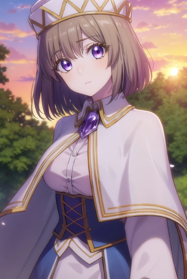 aliciaedelsia, <lora:alicia edelsia s1-lora-nochekaiser:1>,
alicia edelsia, short hair, brown hair, (purple eyes:1.1),
BREAK skirt, long sleeves, hat, capelet, detached sleeves, corset,
BREAK outdoors, nature, forest, sky, sun, clouds,
BREAK looking at viewer, (cowboy shot:1.5),
BREAK <lyco:GoodHands-beta2:1>, (masterpiece:1.2), best quality, high resolution, unity 8k wallpaper, (illustration:0.8), (beautiful detailed eyes:1.6), extremely detailed face, perfect lighting, extremely detailed CG, (perfect hands, perfect anatomy),