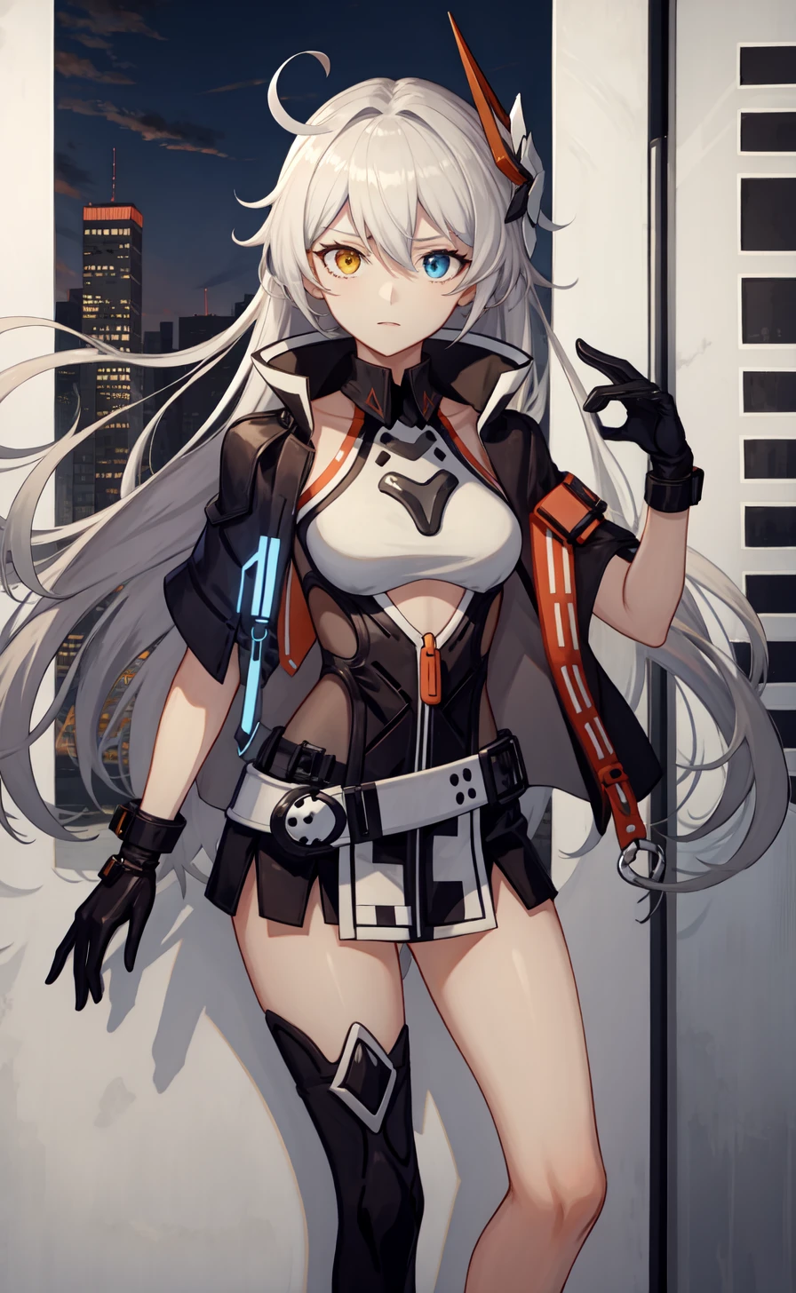 <lora:æ¸¸ä¾ locon:0.8>,1girl,kiana_kaslana,long_hair,heterochromia,gloves,black_gloves,blue_eyes,bangs,yellow_eyes,white_hair,(hair ornament:1.2),black_jacket,single thighhigh,jacket,dress,black_dress,belt,hair_between_eyes,, 1girl,
,  (masterpiece,best quality:1.2),absurdres