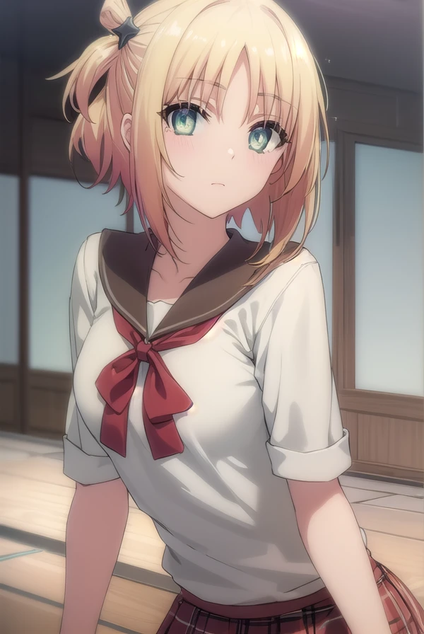 yukiyoshida, <lora:yuki yoshida s2-lora-nochekaiser:1>,
yuki yoshida, short hair, blonde hair, hair ornament, (green eyes:1.3), one side up,
BREAK skirt, bow, school uniform, serafuku, plaid, red bow, brown skirt,
BREAK indoors,
BREAK looking at viewer, (cowboy shot:1.5),
BREAK <lyco:GoodHands-beta2:1>, (masterpiece:1.2), best quality, high resolution, unity 8k wallpaper, (illustration:0.8), (beautiful detailed eyes:1.6), extremely detailed face, perfect lighting, extremely detailed CG, (perfect hands, perfect anatomy),