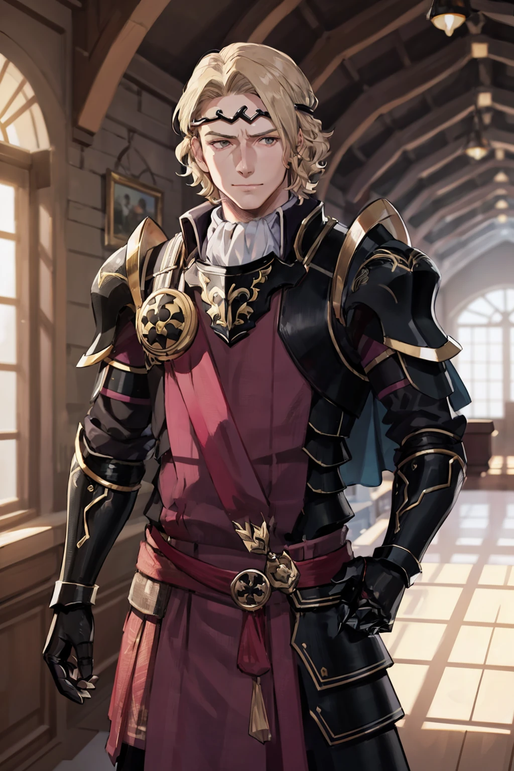 (best quality, highest quality:1.2), 1boy, castle hall, slight smile, cowboy shot, <lora:XanderFEF-bsinky-v1:0.7> defXander, circlet, cape, armor, gauntlets