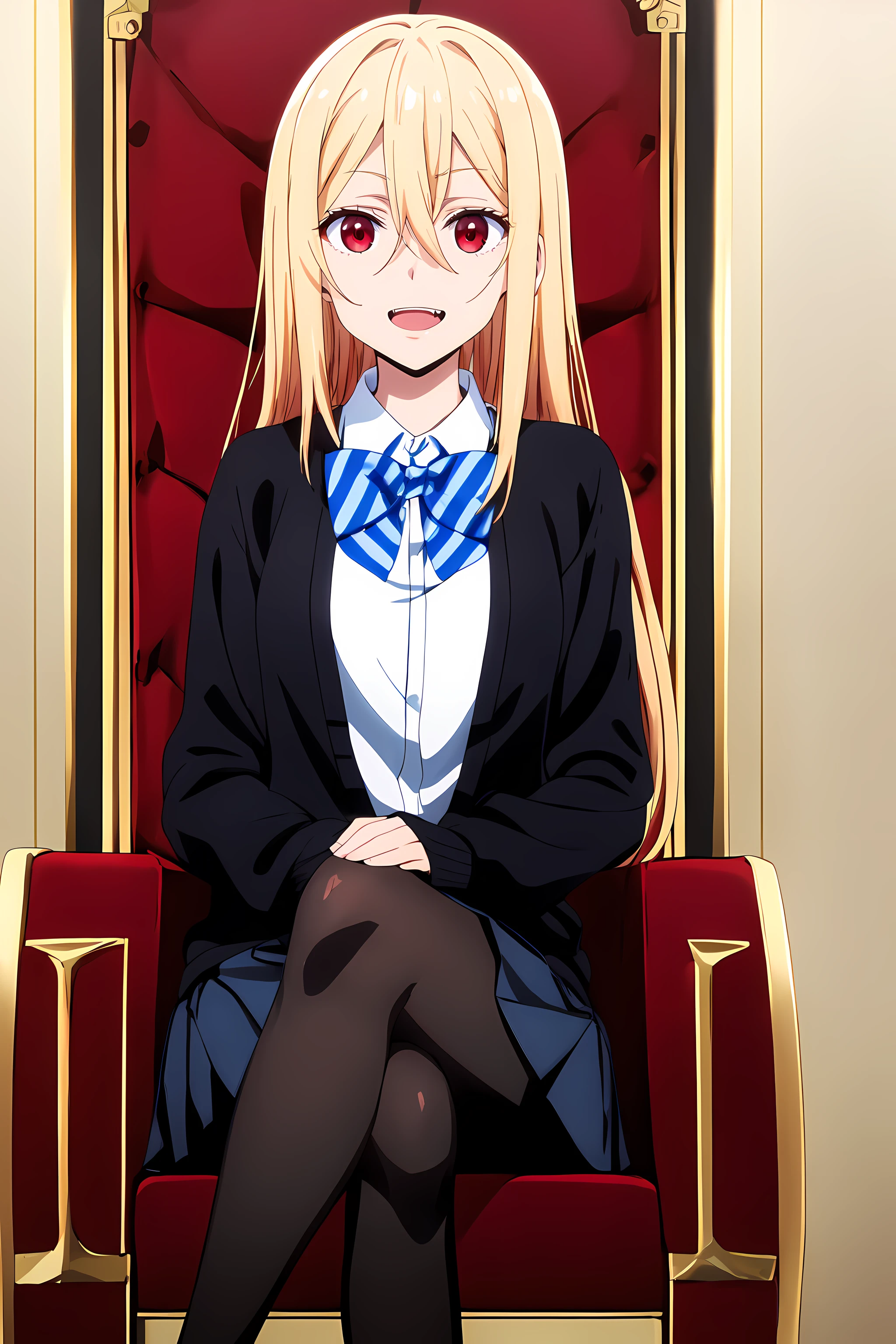 (masterpiece, best quality:1.2), highres, anime screencap, anime coloring, perfect lighting, 1girl, solo, open mouth, fang, grin,
LiAma_V1, blonde hair, long hair, hair between eyes, red eyes,
BREAK school uniform, black cardigan, white shirt, collared shirt, long sleeves, blue bowtie, striped bowtie, grey skirt, pleated skirt, black pantyhose,
sitting, throne, crossed legs,
<lora:add_detail_CyberAlchemist:0.4>, <lora:GoodHands-beta2:0.8>, <lora:LiAmaV1:0.85>