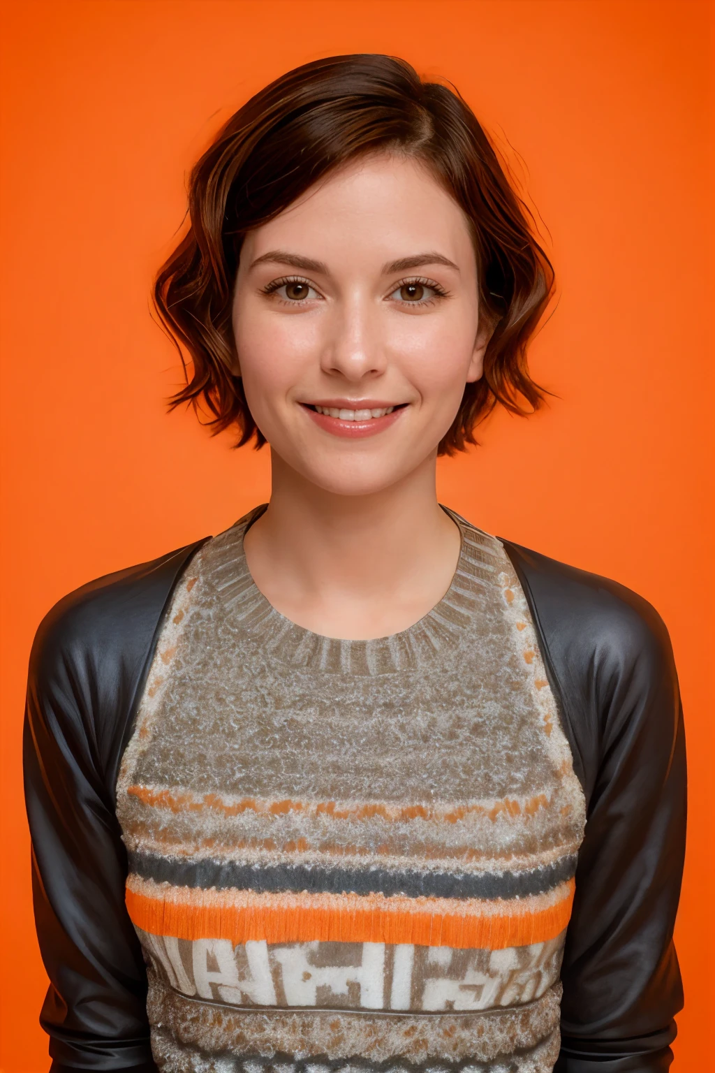 analog film photo solo, gstyle, realistic, ((woman)), (((short hair))), (((happy512))), (((Leather leggings, oversized sweater, and sneakers.))), ((Simple Light Orange background:1.5)), ((dynamic pose)), high detailed, 8k, clear facial features, <lora:PAseer-SD15-LCM Quick:1> <lora:ReaLora:.2> skin <lora:GStyle_-_Photography_Style:.4> <lora:JPA_-_Rola_Takizawa:1> rolatakizawa . faded film, desaturated, 35mm photo, grainy, vignette, vintage, Kodachrome, Lomography, stained, highly detailed, found footage
