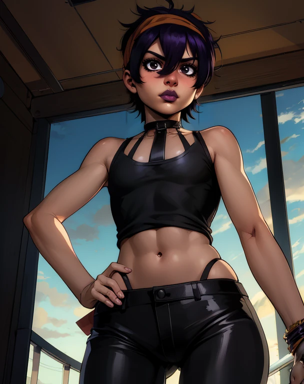 Narancia,short hair,black eyes,purple hair,otoko no ko,dark lip,blush,serious,
choker,headband,dark slim tank top,leather pants,hips,flat chest,dark lip,
hard lines,tanned,midriff,navel,from below,
standing,
cruise ship,morning,
(masterpiece:1.2),(best quality:1.2),<lora:NaranciaJJEoH:0.8>,