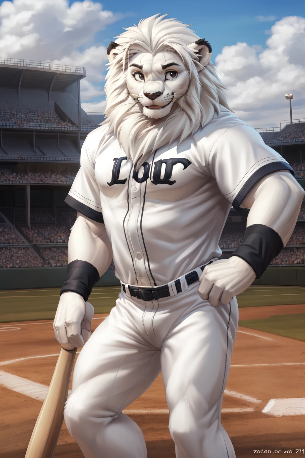 <lora:seibu_lions_Leo-08:1>, leo seibu lions, (lion tail), smile, (big eyes), white fur, white body, white mane, (pose:1.3), (posing:1.3), (soft shading), 4k, hi res, ((detailed face, (black eyes), detailed)), by zackarry911, by zaush, (by personalami:0.5), looking at viewer, smile, baseball bat, baseball uniform,