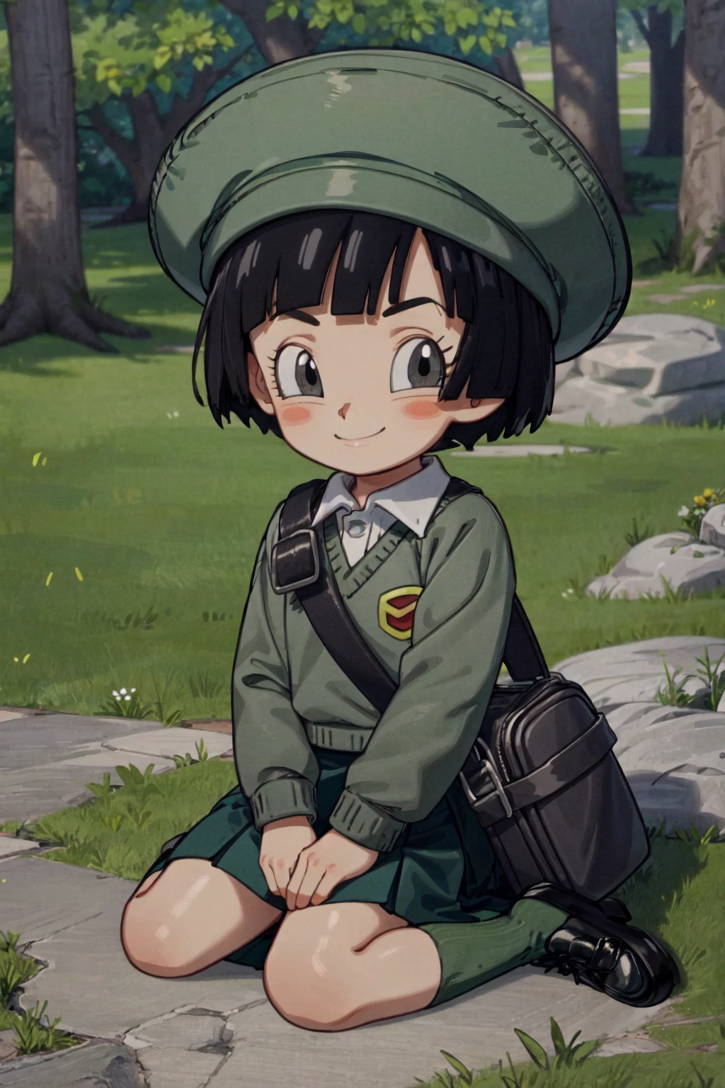 pan (dragon ball), 1girl, black hair, short hair, black eyes, green uniform, white shirt, kindergarten uniform, shoulder bag, green headwear, green skirt, black shoes, green socks, sitting, on ground, outdoors, grass, rocks, day, sunny, dappled sunlight, trees, smile, looking at viewer, blushing <lora:Pan_DBS-10:1>