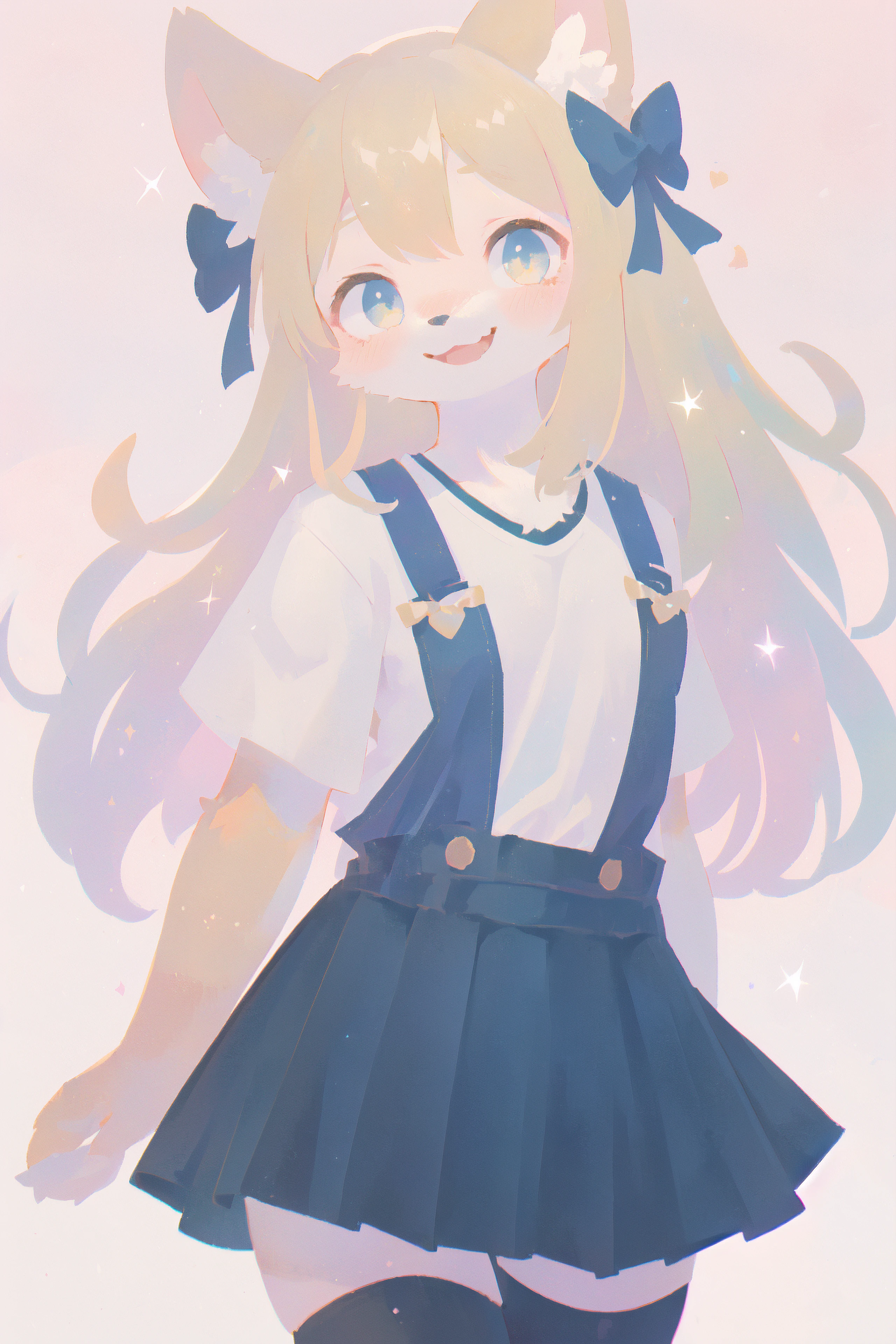 1girl, solo,white shirt, overall skirt, looking at viewer, stockings, blonde hair, bows, cowboy shot, long hair, pastel theme, pastel, sparkles, (pink background:1.3), smile, (best quality, masterpiece, illustration, ultra-detailed:1.3), (anthro, furry, kemono:1.3)