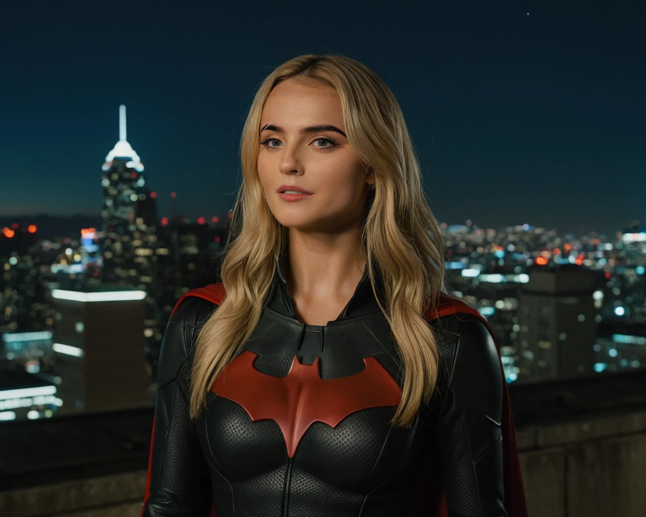 cinematic film still <lora:Millie Gibson V1-000009:0.6> of ((Millie Gibson)) as batwoman ,wearing batwoman suit, standing on a roof top overlooking a city ,look up, serious expression, depth of field, telephoto lens, medium blonde hair, looking up,(full body focus),half closed-eyes, central composition, night time, at night, shallow depth of field, highly detailed, high budget, bokeh, cinemascope, depressing, epic, gorgeous, film grain, grainy, ((Interrupted left brow)),