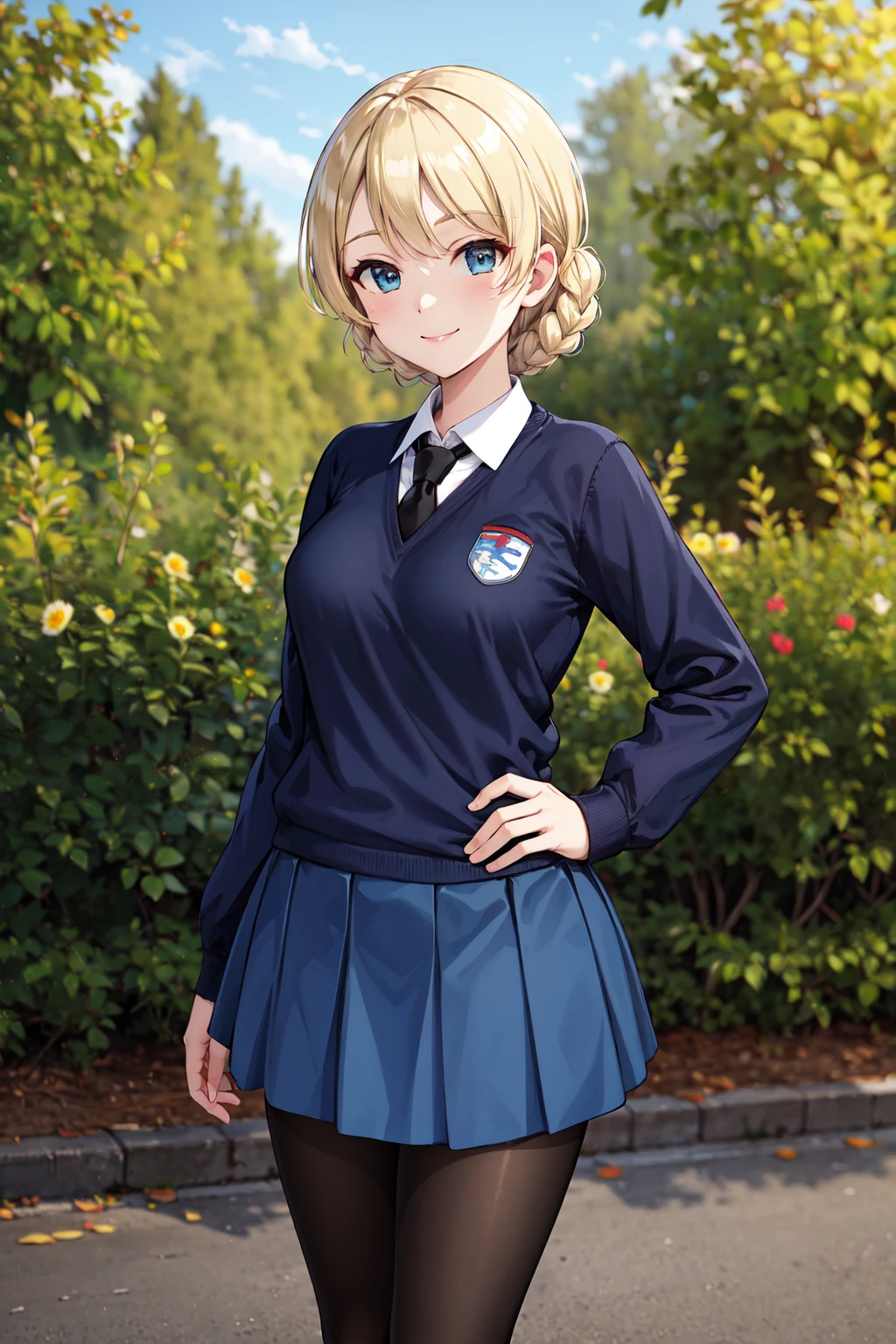 young girl with white school uniform, red plaid skirt, short hair, blond hair, smiling, in one european city, london, clock tower behind, rain time, 4k, masterpiece, best quality