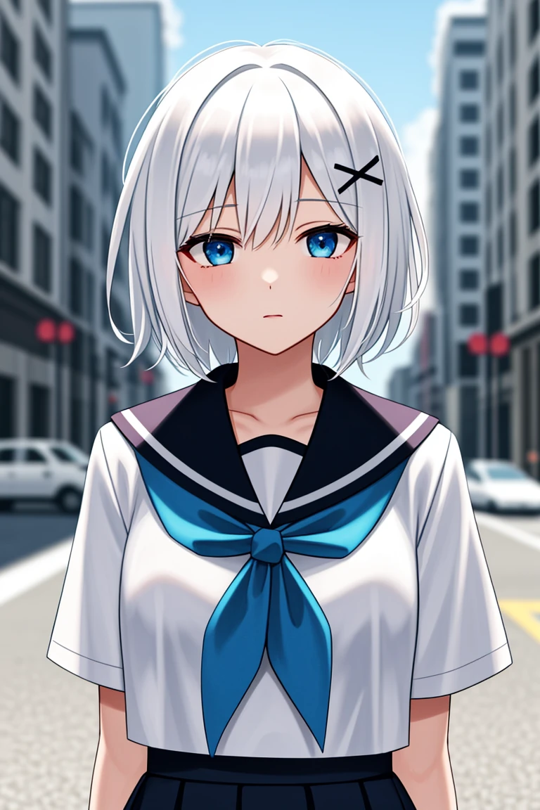 1girl, short hair, (white hair:1.2), x hair ornament, blue eyes, 
outdoors, detailed background, city, 
neckerchief, 
serafuku, 
 <lora:SiestaV1.0-000001:1> siesta diad,, <lora:LCM_LoRA_Weights_SD15:1>