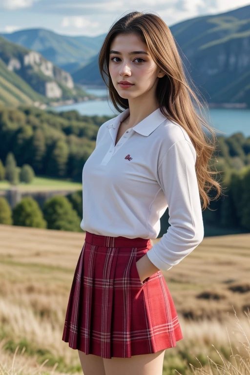 1 woman, 22yo, (realistic, masterpiece, high detailed skin:1.2) (looking at viewer, full body shot, scenic view, long hair:1.2)
<lora:Polo_Skirt_By_Stable_Yogi:1> white shirt, polo shirt, long sleeves, red plaid  skirt,