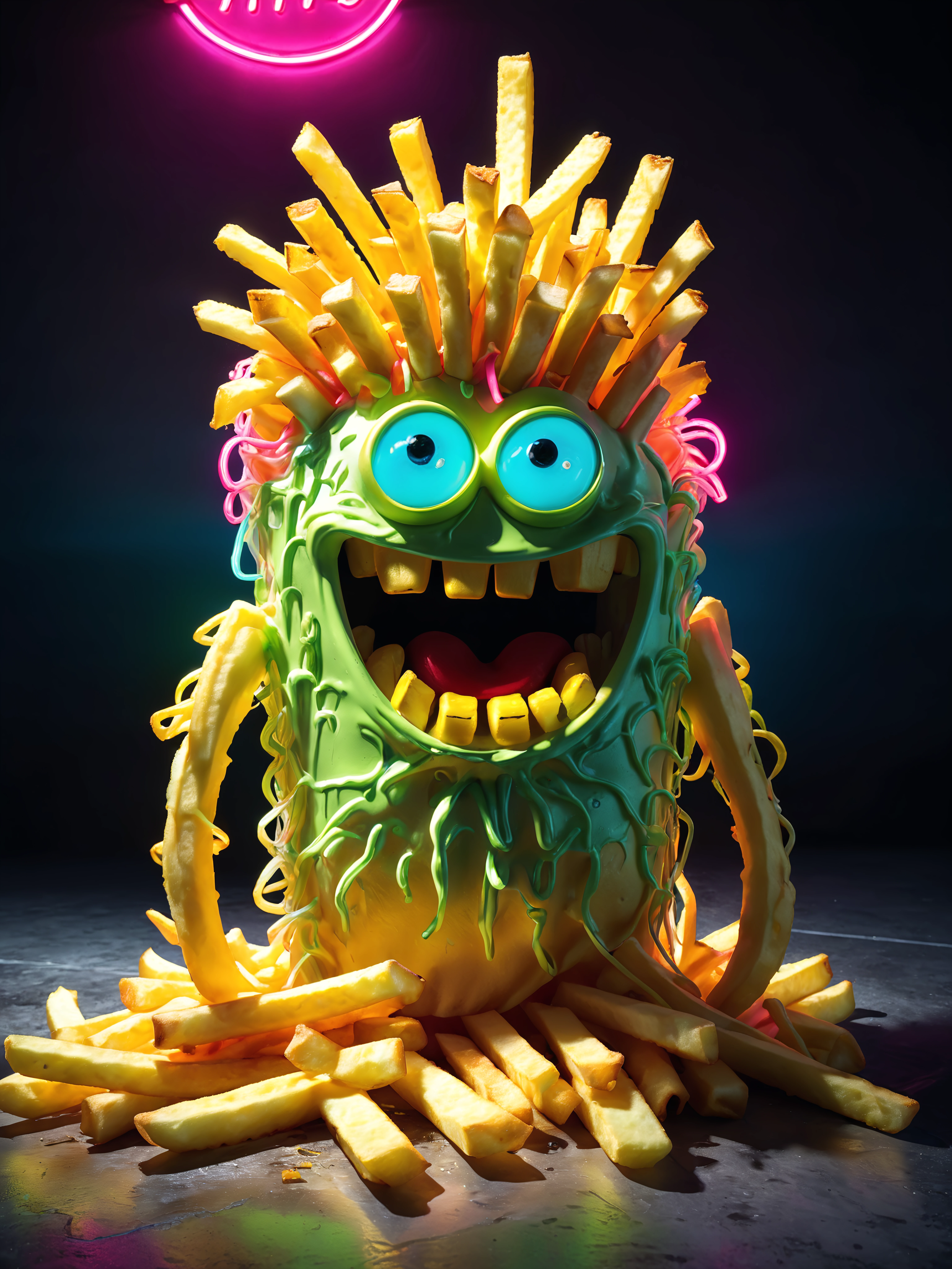 crazy fluorescing monster french fries figure, sharp teeth, in neon colors, future art , subsurface scattering, ultra hd, 4k, high def, Photorealistic, Hyperrealistic, Hyper detailed, analog style, realistic, masterpiece, best quality, ultra realistic, 8k, Intricate, High Detail, film photography, soft lighting, heavy shadow, <lora:WildcardX-XL-Detail-Enhancer:1>