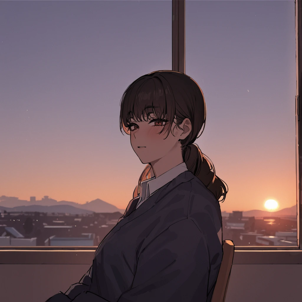 1girl, mitaka asa, sitting by classroom window, beautiful sunset, masterpiece, latest, vibrant color <lora:mitaka_xl_a3-000040:1>