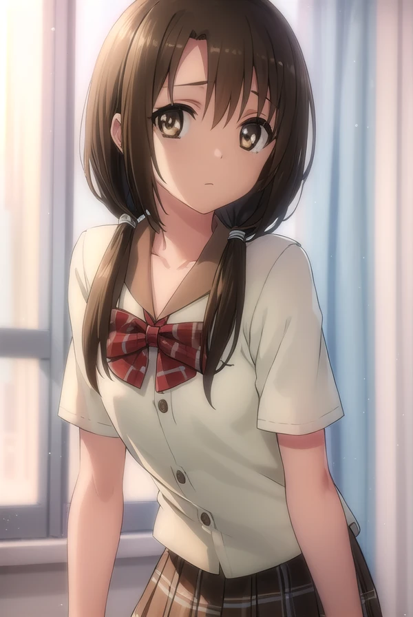 taekohiramatsu, <lora:taeko hiramatsu s2-lora-nochekaiser:1>,
taeko hiramatsu, brown hair, twintails, (brown eyes:1.5), hair over shoulders,
BREAK skirt, bow, school uniform, serafuku, plaid, red bow, brown skirt,
BREAK indoors,
BREAK looking at viewer, (cowboy shot:1.5),
BREAK <lyco:GoodHands-beta2:1>, (masterpiece:1.2), best quality, high resolution, unity 8k wallpaper, (illustration:0.8), (beautiful detailed eyes:1.6), extremely detailed face, perfect lighting, extremely detailed CG, (perfect hands, perfect anatomy),