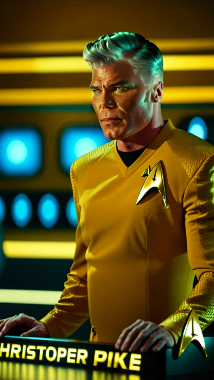 cinematic film still cinematic photo breathtaking <lora:captain_pike-000002:1.2> captain_pike, man, 4K resolution, Starfleet uniform, confident gaze, futuristic background, (space-themed imagery), (detailed textures), (photo-realistic rendering), (commanding presence), (vivid colors), (dynamic lighting) ,( sign saying "Christopher Pike":2.5) . award-winning, professional, highly detailed . 35mm photograph, film, bokeh, professional, 4k, highly detailed . shallow depth of field, vignette, highly detailed, high budget Hollywood movie, bokeh, cinemascope, moody, epic, gorgeous, film grain, grainy