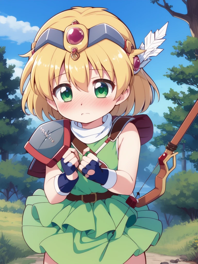 <lora:Fanna:0.8>, Fanna, 1girl, solo, weapon, arrow (projectile), armor, bow (weapon), quiver, gloves, blush, skirt, shield, fingerless gloves, circlet, child, green_dress,
forest, sky,
masterpiece, high quality, very_high_resolution, large_filesize, full color,