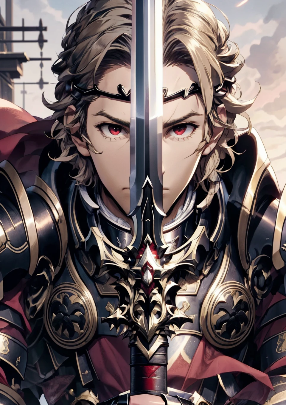(masterpiece, best quality), detailed background, outdoors, looking at viewer, close-up, <lora:XanderFEF:0.75> defXander, 1boy, red eyes, solo, circlet, cape, armor, gauntlets, (weapon, sword:1.1), <lora:swordup-pose-richy-v1:1> swordup