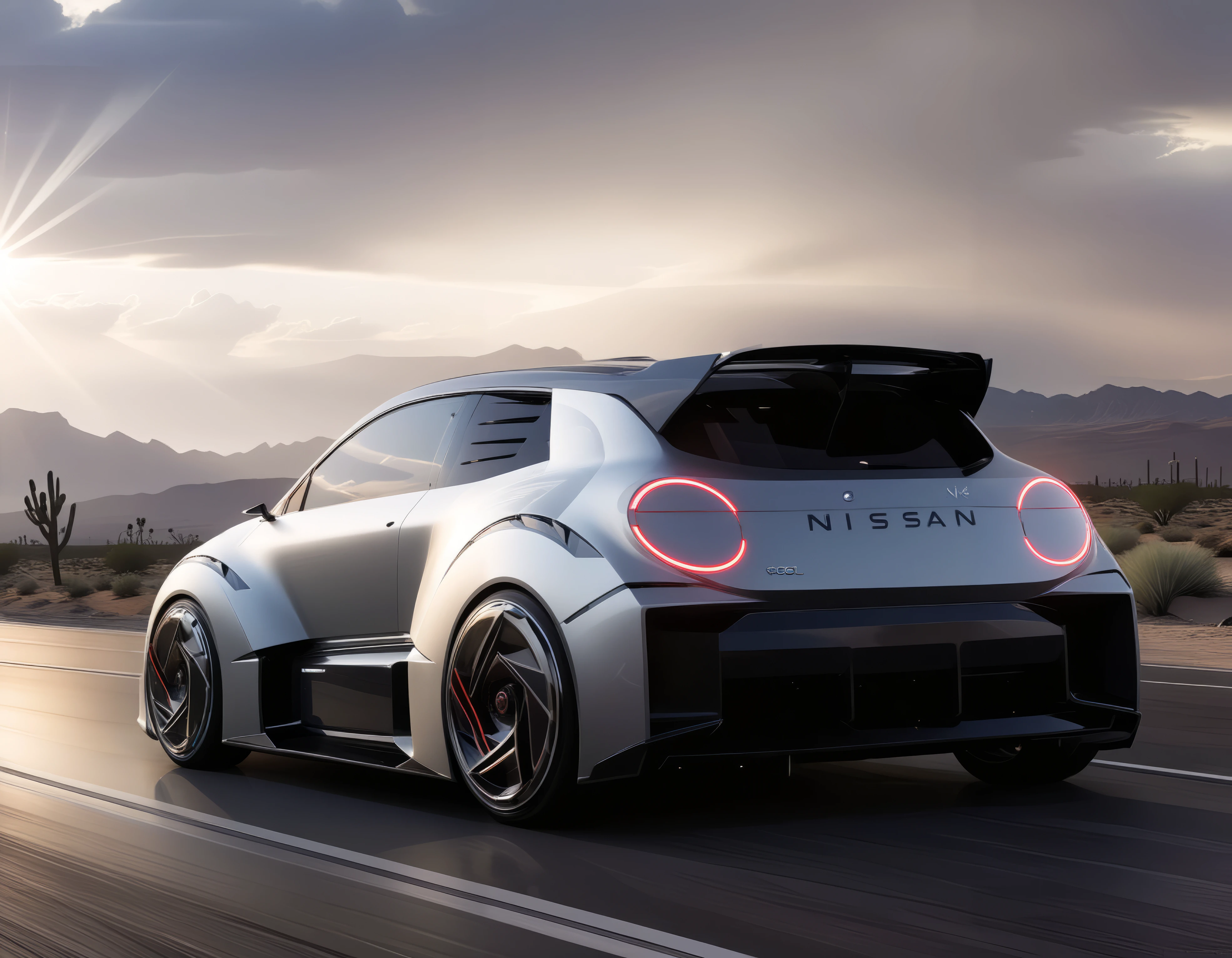 NISSAN 2023, A silver sports car with a modern design showcases its rear with prominent circular red taillights. The vehicle has aerodynamic features, a black rear diffuser, and the make "NISSAN" with the model year "20-23" marked above the license plate area. The overall style suggests a sleek and high-performance automobile,(driving on a desert road, god rays, magical light:1.25)