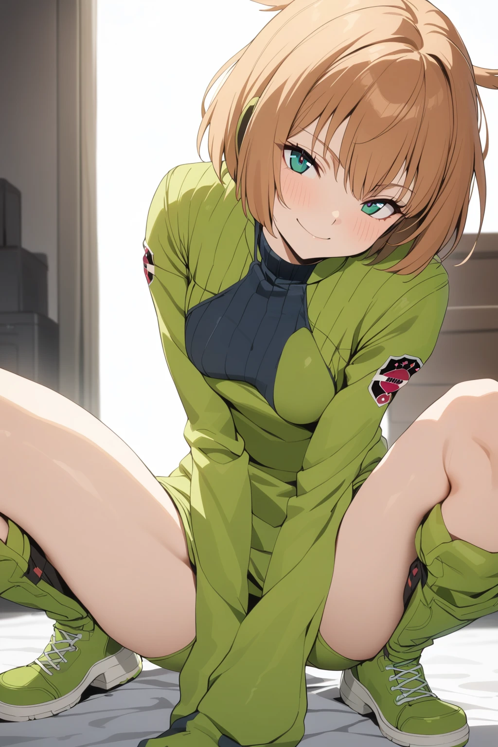 <lora:konamiTrion_AnimagineXLV3-000025:0.8>konami,1girl,smile, looking at viewer, green jacket, gloves, green shorts,green footwear, masterpiece,best quality,