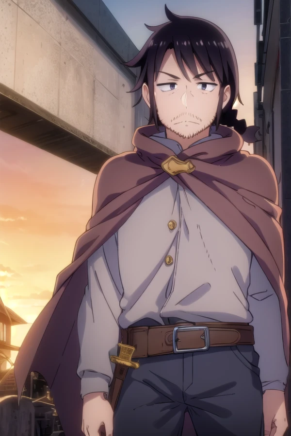 reviewerstunk, <lora:reviewer stunk male s1-lora-nochekaiser:1>,
stunk, black hair, male focus, facial hair, beard, stubble, (black eyes:1.5),
BREAK belt, pants, sword, cape, cloak, white pants,
BREAK outdoors,
BREAK looking at viewer, (cowboy shot:1.5),
BREAK <lyco:GoodHands-beta2:1>, (masterpiece:1.2), best quality, high resolution, unity 8k wallpaper, (illustration:0.8), (beautiful detailed eyes:1.6), extremely detailed face, perfect lighting, extremely detailed CG, (perfect hands, perfect anatomy),