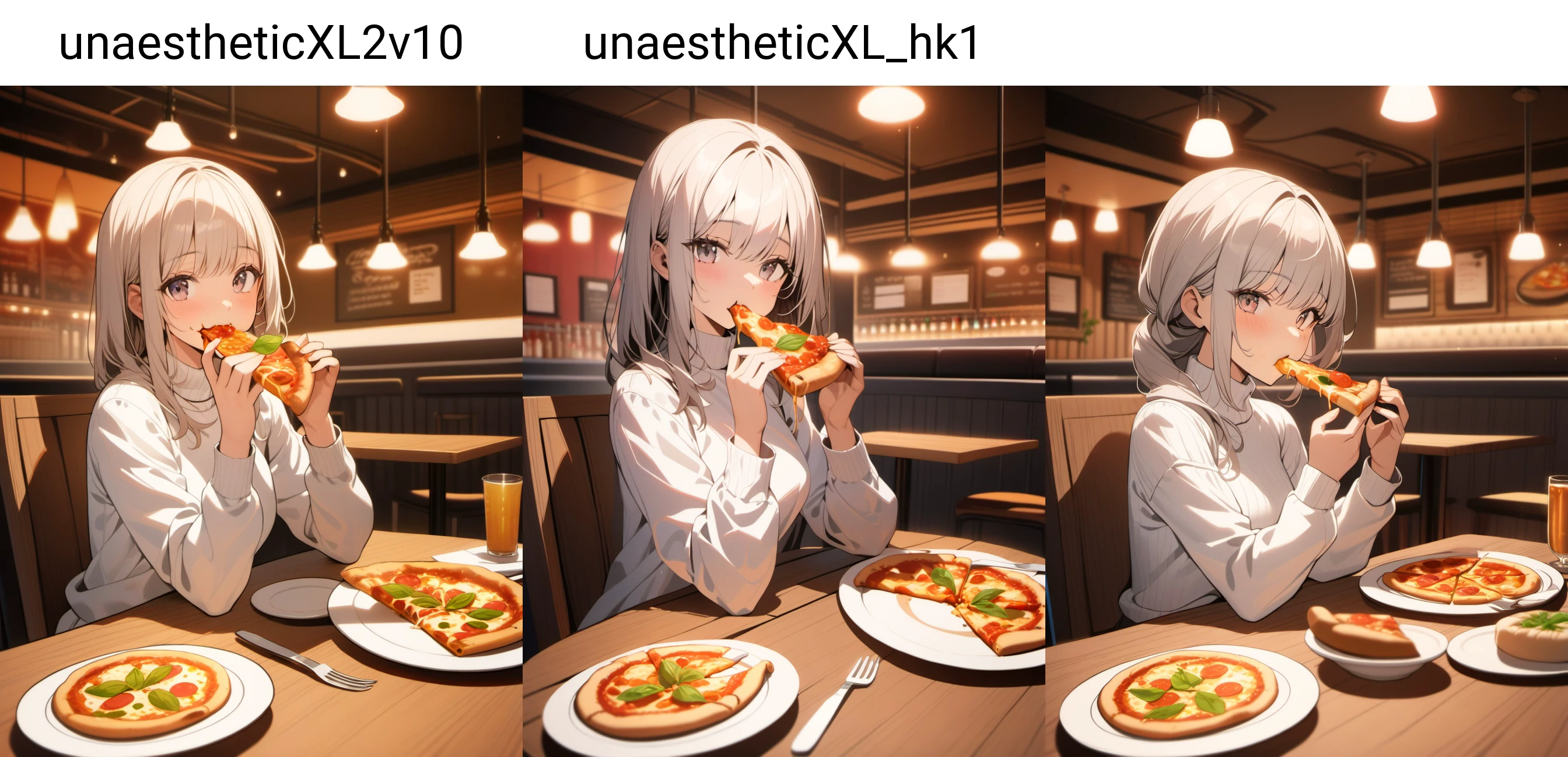 1girl, white shirt, long sleeves, turtleneck, sitting, looking at viewer, eating, pizza, plate, fork, knife, table, chair, table, restaurant, cinematic angle, cinematic lighting, masterpiece, best quality