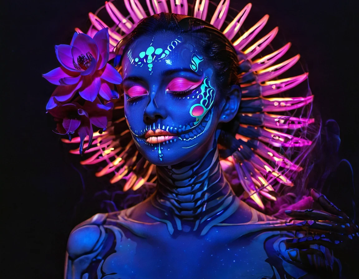 neonpunk style black background, 1girl, skeleton, simple background, makeup, Fluorescence, flower, watermark, ribs, bone, glowing, web address, skull, spine, detailed, proportional, romantic, thought, cinematic, pristine, elegant, magical, pure, light, saturated, color, intricate, very beautiful, decorative, illuminated, epic, fine detail, enhanced, pretty
<lora:FluorescenceXL-000008:1>, , <lora:FILM_PHOTOGRAPHY_STYLE:0.25> . cyberpunk, vaporwave, neon, vibes, vibrant, stunningly beautiful, crisp, detailed, sleek, ultramodern, magenta highlights, dark purple shadows, high contrast, cinematic, ultra detailed, intricate, professional