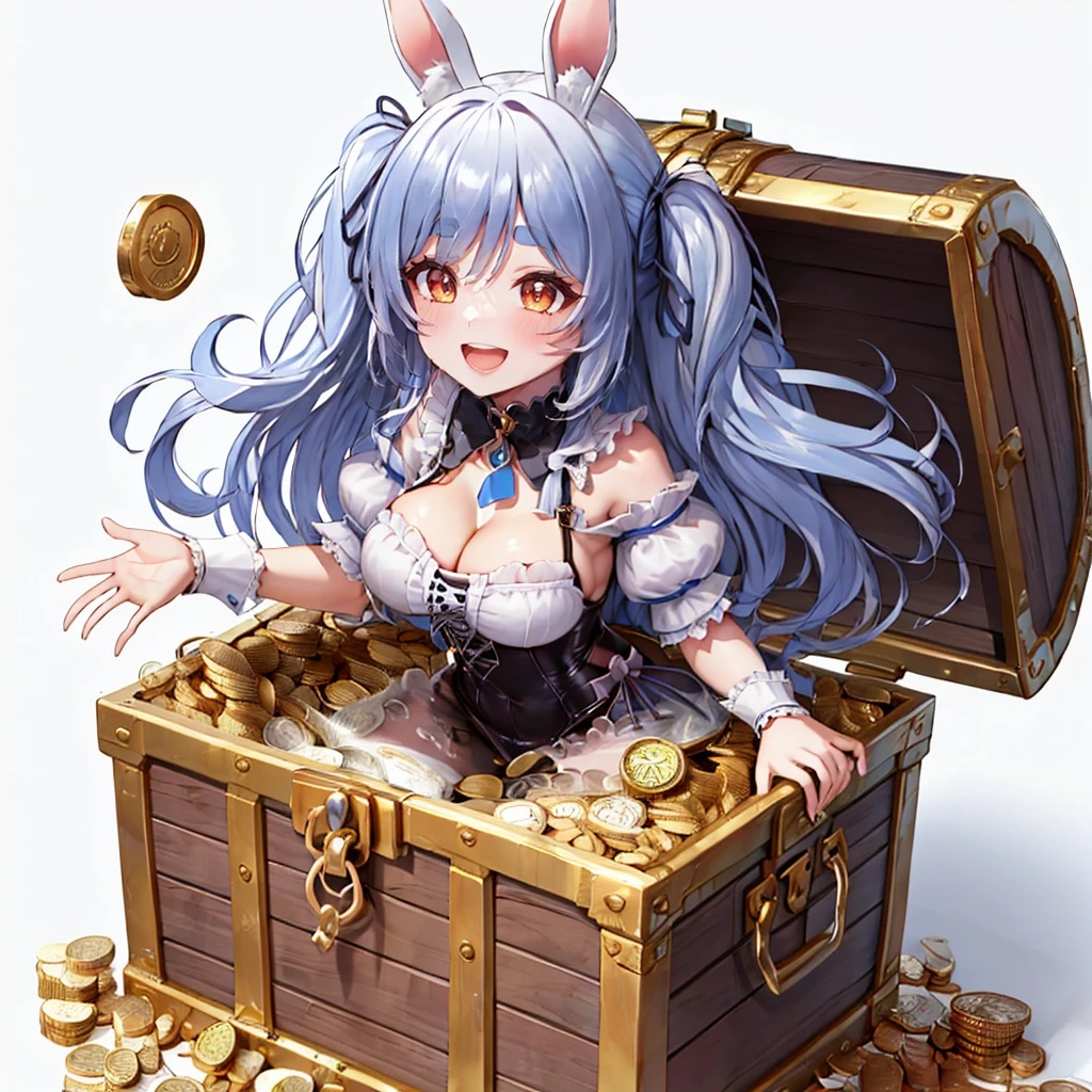 (SecretBox:1),girl happily coming out of a treasure chest, big breast,cute, smile, cleavage, curvy, shiny, simple background, coins, gold, (from above:1), (standing:1.2), island, ocean,
(masterpiece:1.2), (best quality, highest quality), (ultra detailed), (8k, 4k, intricate), (50mm),
<lora:OpenChest_Concept:0.7> <lora:pekora1:0.8>
