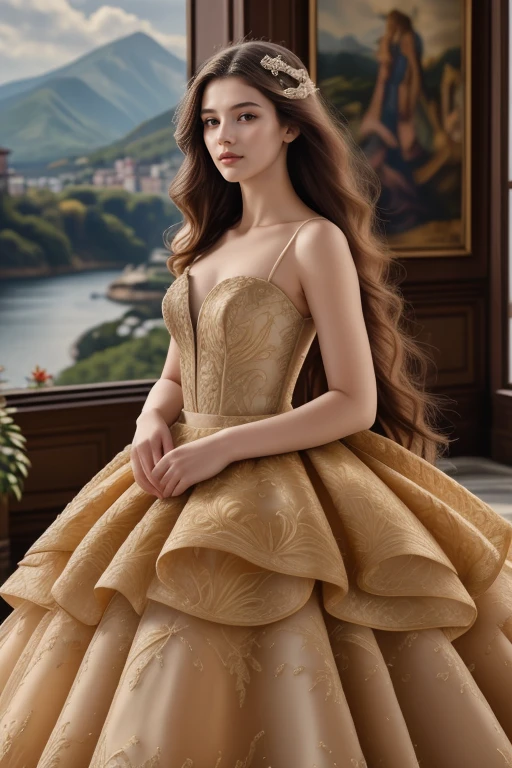 1 woman, 22yo, (realistic, masterpiece, high detailed skin:1.2) (looking at viewer, full body shot, scenic view, long hair:1.2)
<lora:Golden_Wedding_Gown_By_Stable_yogi:1> golden wedding gown