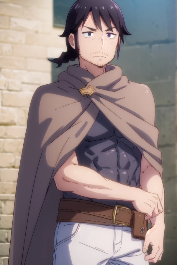 reviewerstunk, <lora:reviewer stunk male s1-lora-nochekaiser:1>,
stunk, black hair, male focus, facial hair, beard, stubble, (black eyes:1.5),
BREAK belt, pants, sword, cape, cloak, white pants,
BREAK outdoors,
BREAK looking at viewer, (cowboy shot:1.5),
BREAK <lyco:GoodHands-beta2:1>, (masterpiece:1.2), best quality, high resolution, unity 8k wallpaper, (illustration:0.8), (beautiful detailed eyes:1.6), extremely detailed face, perfect lighting, extremely detailed CG, (perfect hands, perfect anatomy),