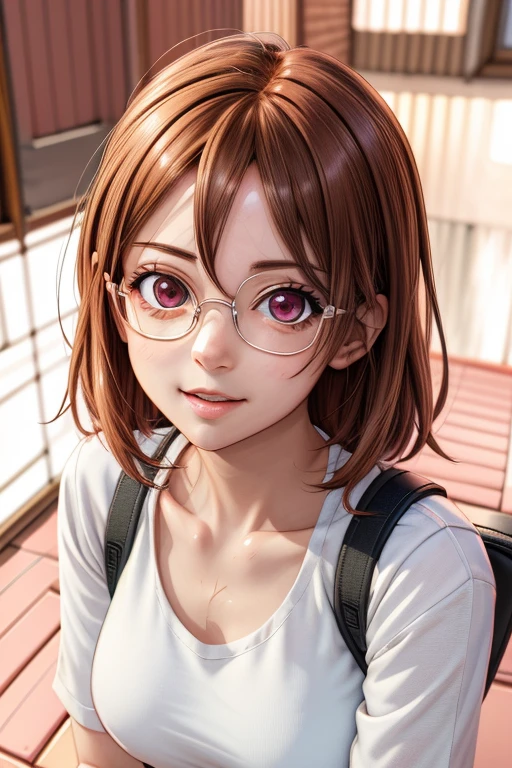 chiharu_red, wearing backpack, white shirt, blue jeans, sitting