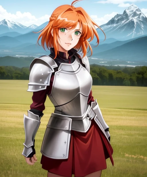 portrait, (adult woman), (1girl, solo), (looking at viewer), ((knight, armor, skirt)), freckles, (orange hair, medium hair), (green eyes), ((field, mountains)), (best quality, high detail), ((masterpiece)), <lora:1_yamanemasahiro_14e:1>
