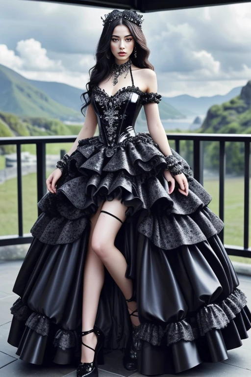 1 woman, 22yo, (realistic, masterpiece, high detailed skin:1.2) (looking at viewer, full body shot, scenic view, long hair:1.2)
<lora:Latex_Gothic_Gown_By_Stable_Yogi:0.8> latex goth gown, frills, jewellery, watch, bracelet