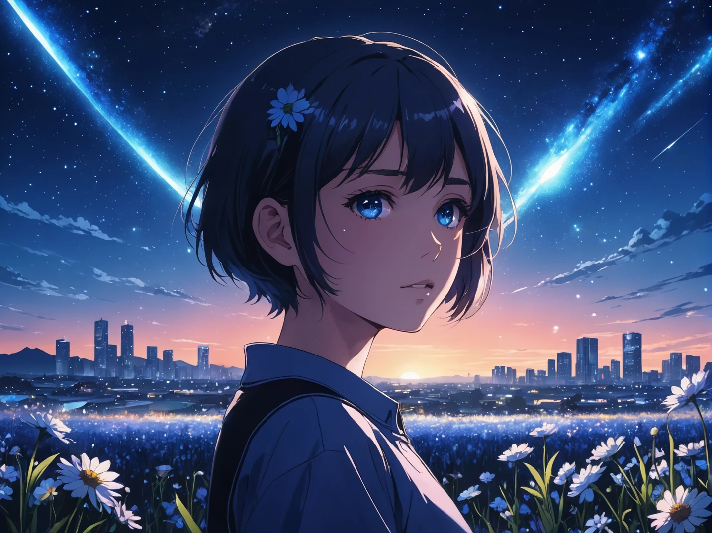 anime girl, night, blue light behind her, ((Galaxy, Lens flare)), short hair, flower field, night sky, cinematic shot. Wallpaper. (Blue color schema), detailed background, a city in the distance