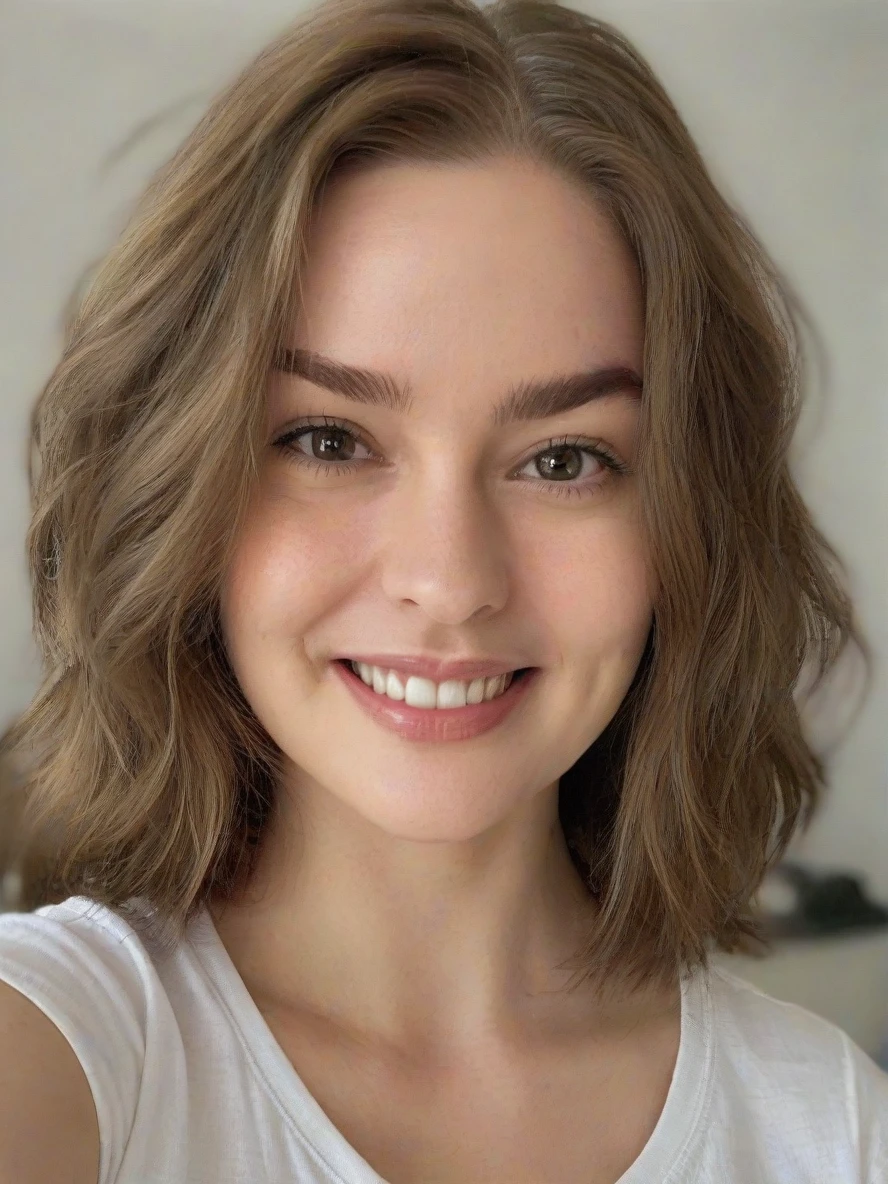 Portrait closeup of m4rym00dy woman, white tshirt, in a bedroom,, smiling