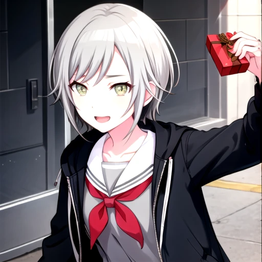 <lora:Shiho2024-10:0.77>, shiho_h, looking at viewer, smile, open mouth, simple background, shirt, long sleeves, holding, hair between eyes, school uniform, collarbone, jacket, upper body, :d, open clothes, serafuku, hood, sailor collar, open jacket, black jacket, neckerchief, hood down, black background, box, hooded jacket, grey shirt, red neckerchief, gift, white sailor collar, drawstring, gift box, holding gift, grey sailor collar