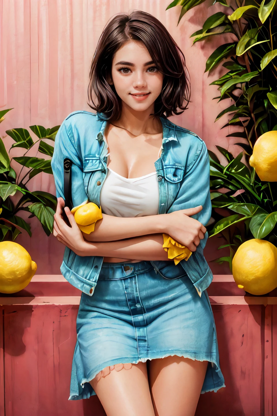 analog film photo solo, tstyle, realistic, ((woman)), (((Black and blue peekaboo highlights hair),(The Italian Bob Hairstyle))), (((happy512))), (((Lemon Chiffon Denim jacket, maxi skirt, sandals:1.5))), ((orchard, fruit-laden trees, bountiful harvest, rural)), ((dynamic pose)), ((patina)), high detailed, 8k, clear facial features, <lora:PAseer-SD15-LCM Quick:1> <lora:ReaLora:.2> skin <lora:TStyle_-_Photography_Style:.4> <lora:IDG_-_Gia:1> iaggirl . faded film, desaturated, 35mm photo, grainy, vignette, vintage, Kodachrome, Lomography, stained, highly detailed, found footage