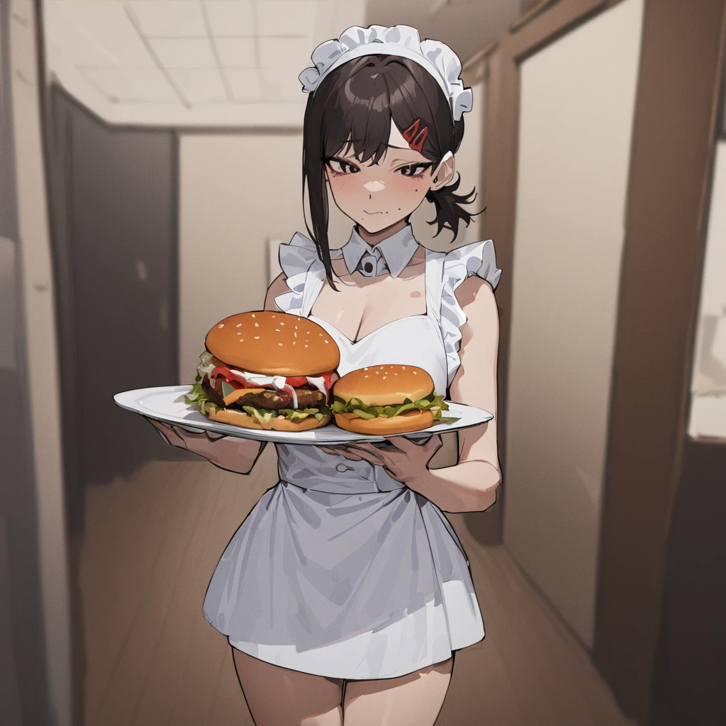 1girl, higashiyama kobeni, wearing waitress costume, holding a plate with burger, masterpiece, latest, vibrant color <lora:kobeni_xl_a3:1>