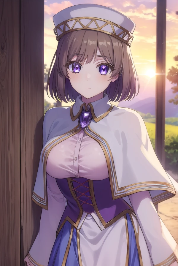 aliciaedelsia, <lora:alicia edelsia s1-lora-nochekaiser:1>,
alicia edelsia, short hair, brown hair, (purple eyes:1.1),
BREAK skirt, long sleeves, hat, capelet, detached sleeves, corset,
BREAK outdoors, nature, forest, sky, sun, clouds,
BREAK looking at viewer, (cowboy shot:1.5),
BREAK <lyco:GoodHands-beta2:1>, (masterpiece:1.2), best quality, high resolution, unity 8k wallpaper, (illustration:0.8), (beautiful detailed eyes:1.6), extremely detailed face, perfect lighting, extremely detailed CG, (perfect hands, perfect anatomy),