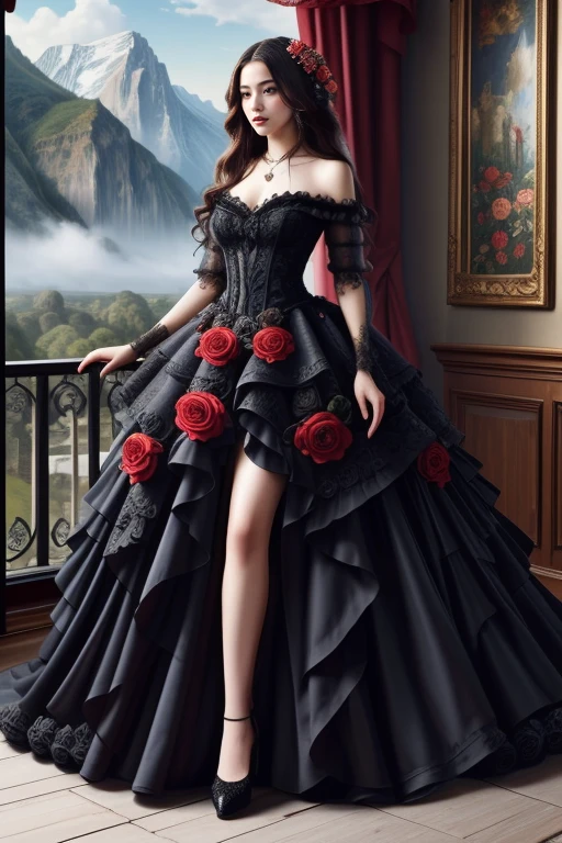 1 woman, 22yo, (realistic, masterpiece, high detailed skin:1.2) (looking at viewer, full body shot, scenic view, long hair:1.2)
<lora:Rose_Black_Gown_By_Stable_Yogi:0.8> black gown, frills, red roses