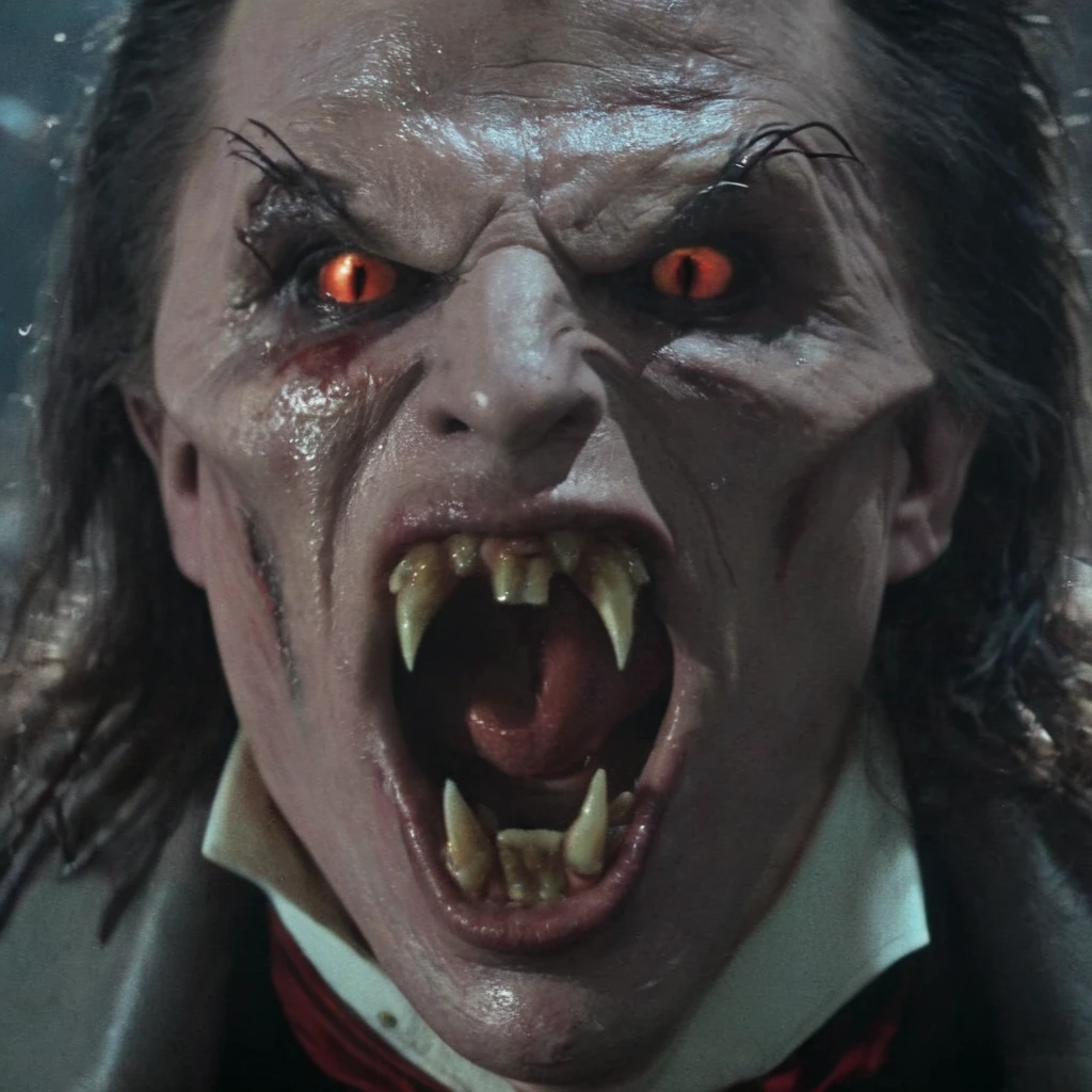 Horror-themed, <lora:Fright Night 1985 Film Style:1>
Cinematic Closeup Shot Film Footage captured by Panavision Cameras and Lenses, vampire creature, Jerry a vampire creature with a large open vampire mouth and a vampire fangs teeth in a dark coat, screaming at camera with scary vampire face and red eye lenses and messy hair staring at camera with open mouth with dim dramatic light on Fright Night 1985 Film Style, Eerie, unsettling, dark, spooky, suspenseful, grim, highly detailed